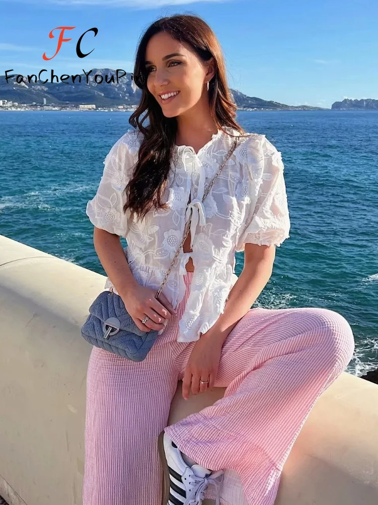 Женская рубашка с вышивкой Повседневная Элегантная блузка коротким рукавом на