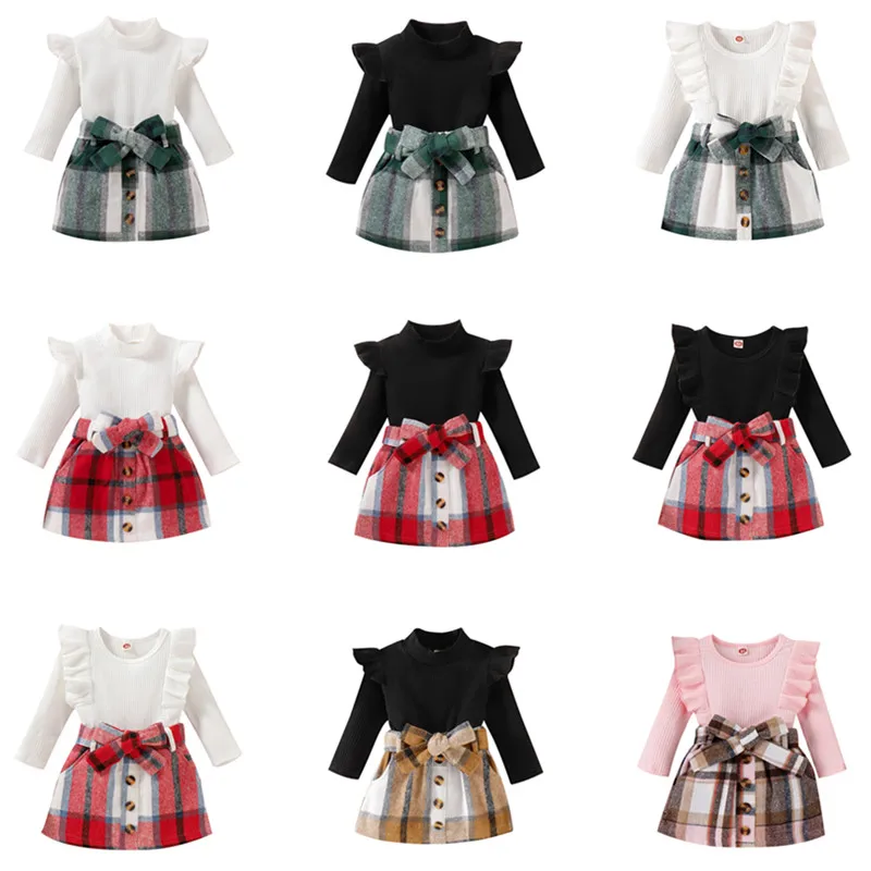 

Toddler Kids Girls Outfits Fall Spring Long Sleeve Ruffle Ribbed Tops + A-line Plaid Skirt with Belt Casual Fashion Clothes Set