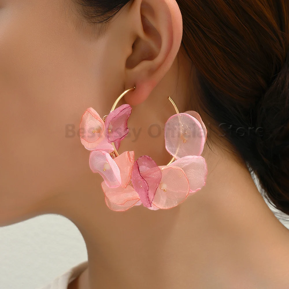 

Cute Sweet Flower Petal Round Metal Circle Big Earrings For Women Korean Fashion Luxury Original Party Wedding Jewelry Girl Gift