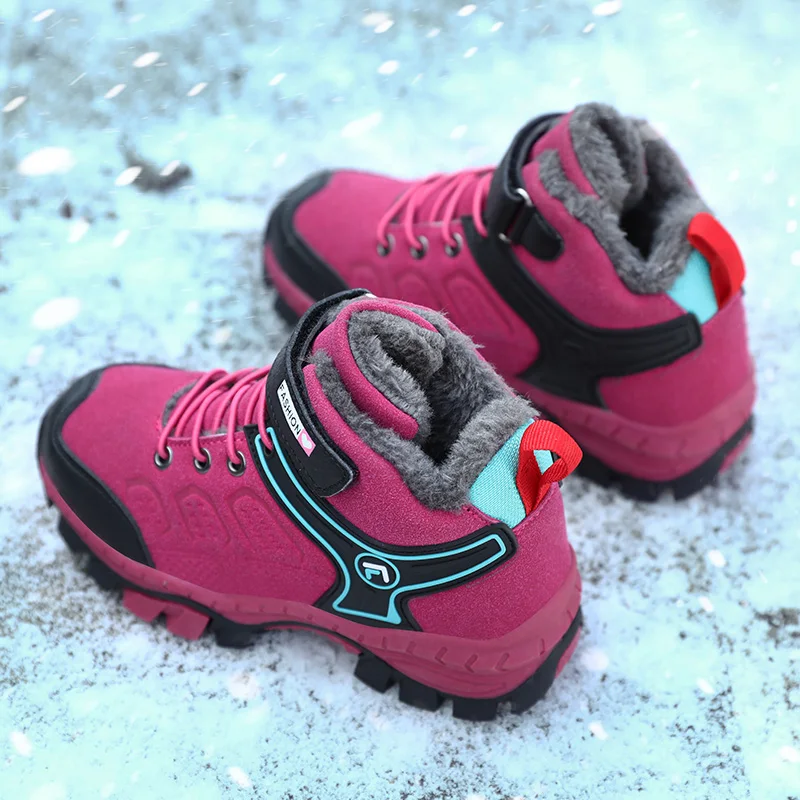 High-top Kids Hiking Boots Warm Plus Fur Winter Boots Non-slip Claw Boys Girls Basket Sneakers Teenager Waterproof Snow Boots