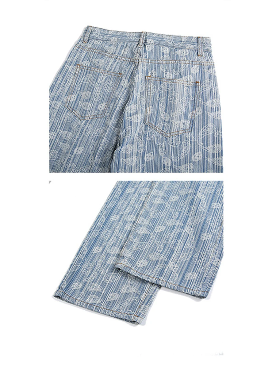 YIHANKE Men's Jeans Style Cashew Flower Loose Straight Jacquard Trousers Fashion Streetwear Ins Hot Sale Y2K Men's Clothing