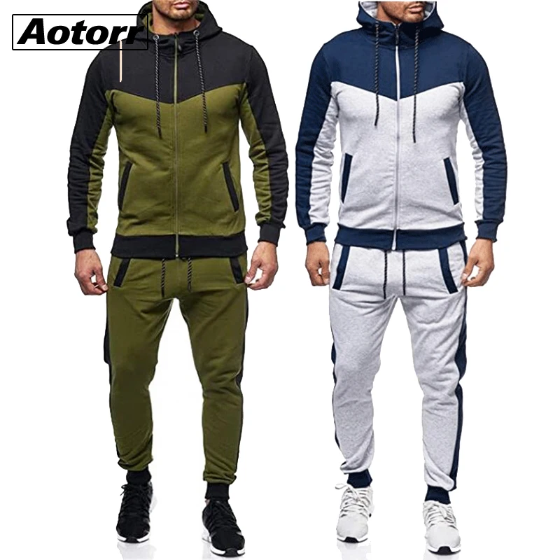Men Casual Tracksuits Hooded Zipper Jacket+Jogging Pants 2 Piece Set Male Sportswear Spring Autumn Gyms Sweat Suits Patchwork