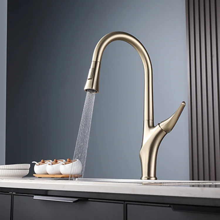 

All Copper Brushed Golden Kitchen Pullout Faucet High Quality Household Kitchen Sink Sink Hot and Cold Faucet