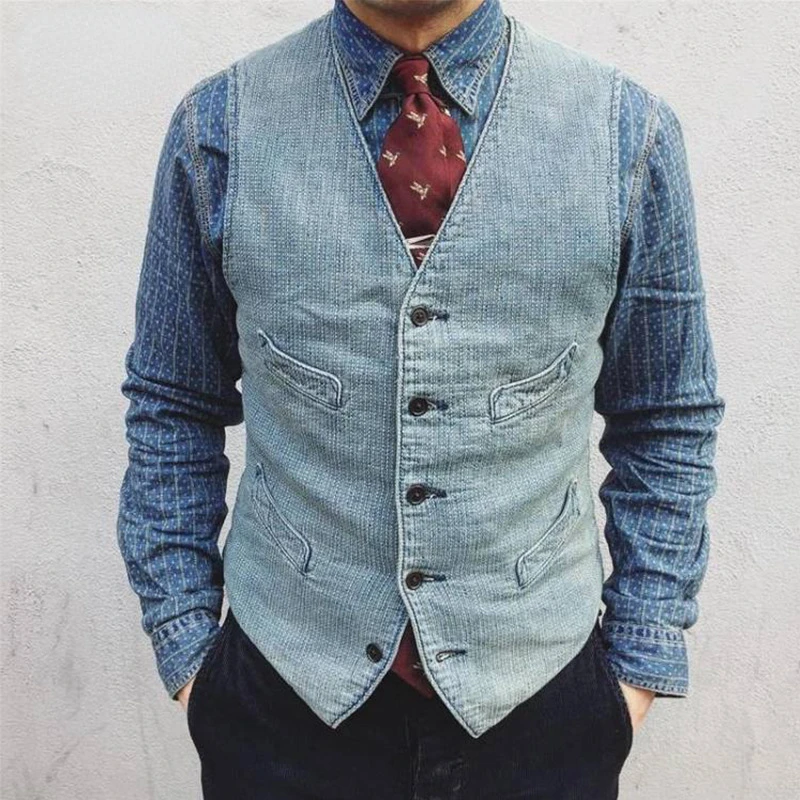 

V Neck Sleeveless Single Breasted Button 2022 Autumn New Casual Denim Vest Slim Fit Men Vintage Vests Top