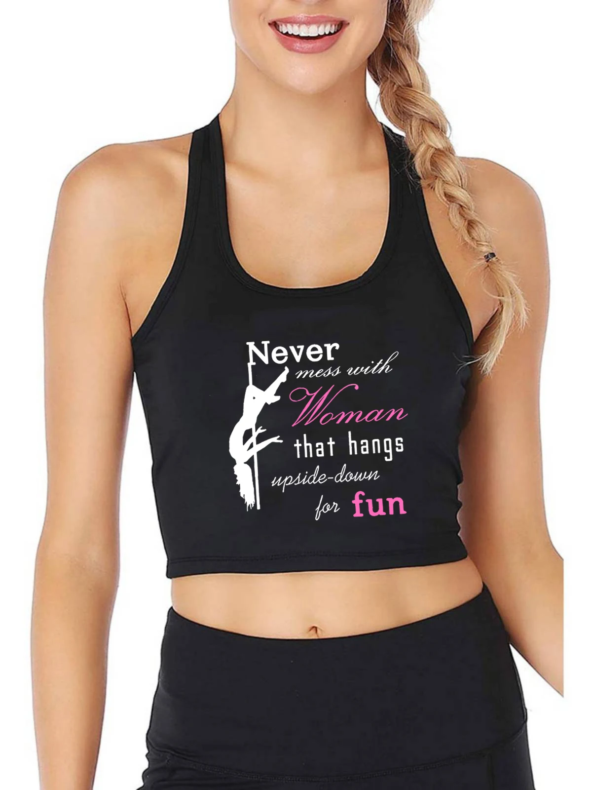 

Never mess with woman that hangs upside-down for fun design crop top women's humor fun print tank tops hotwife camisole