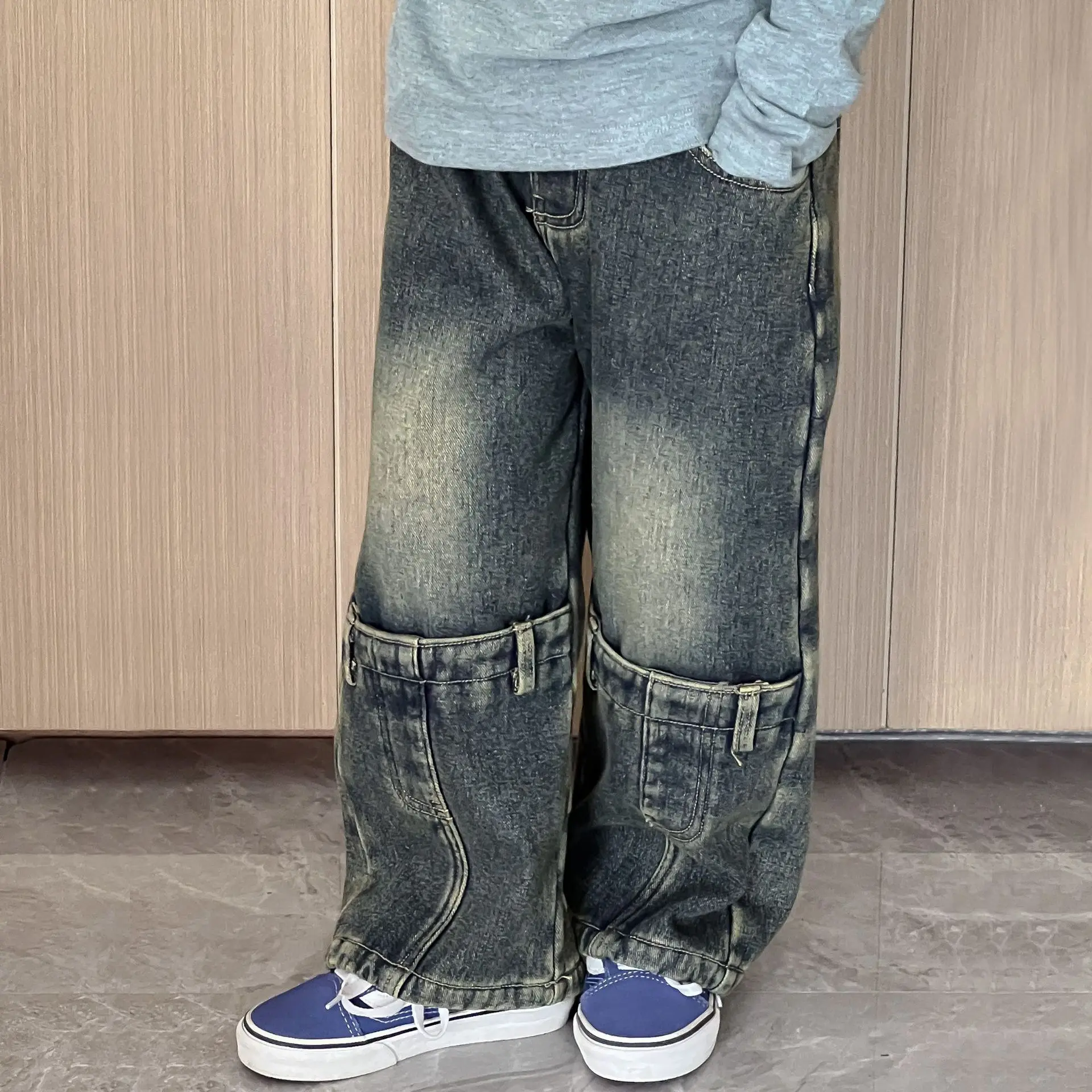 

2023 Autumn and Winter New Children's Wear Boys' Splicing Small Design Sense Retro Old Blue Plush Jeans