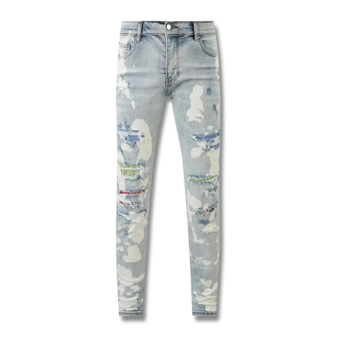 

Новое поступление, Мужская потертая уличная одежда, рваные обтягивающие джинсы с поврежденными дырками, Стрейчевые обтягивающие джинсы, джинсовые брюки