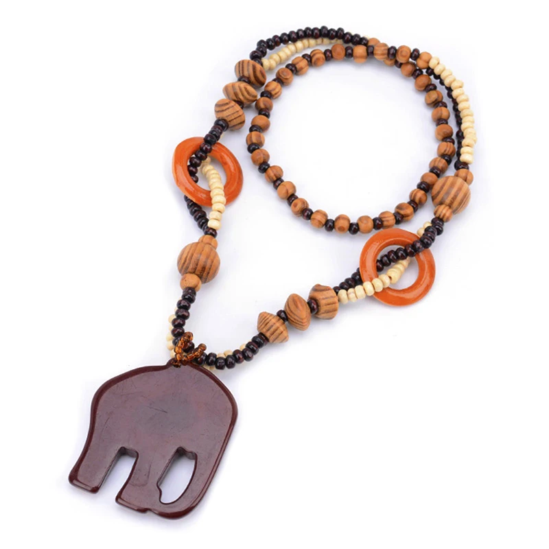 2022 Boho Jewelry Ethnic Style Long Hand Made Bead Wood Elephant Pendant Necklace for Women Price Decent Women's Neck |