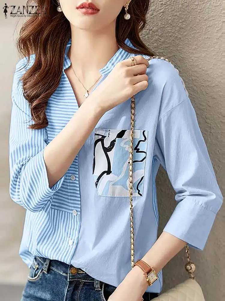 

Модная женская блузка ZANZEA в стиле пэчворк, элегантная Рабочая Рубашка, повседневные топы в полоску с V-образным вырезом и длинным рукавом, блузки на пуговицах, рубашка оверсайз