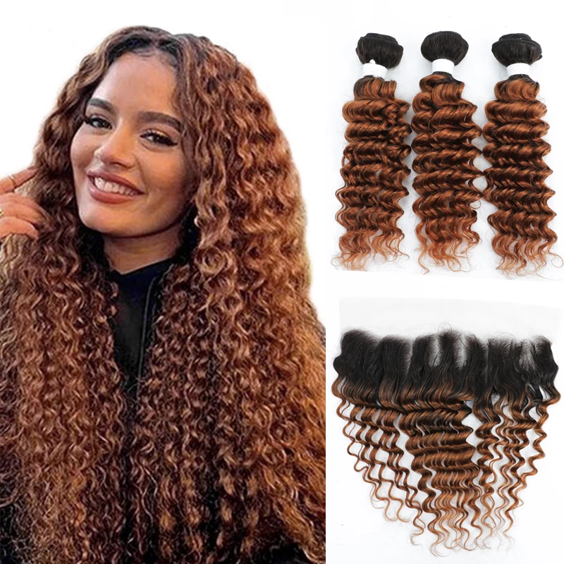 

Deep Wave Bundles With Frontal 1B/30 Ombre Brown Colored Brazilian Hair Bundles With Closure Remy Human Hair Weave Bundles
