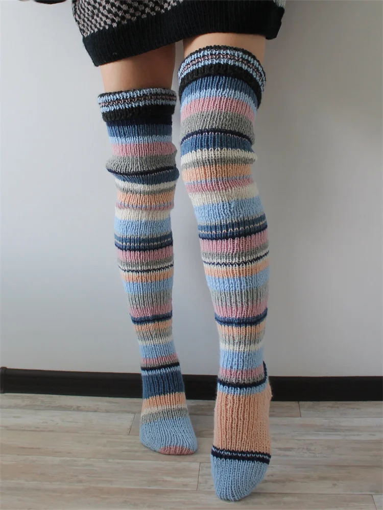 

CHRONSTYLE Autumn Winter Warm Knitted Thick Women Stockings Striped Print Loose Causal Over Knee Length Stockings Wholesale 2022