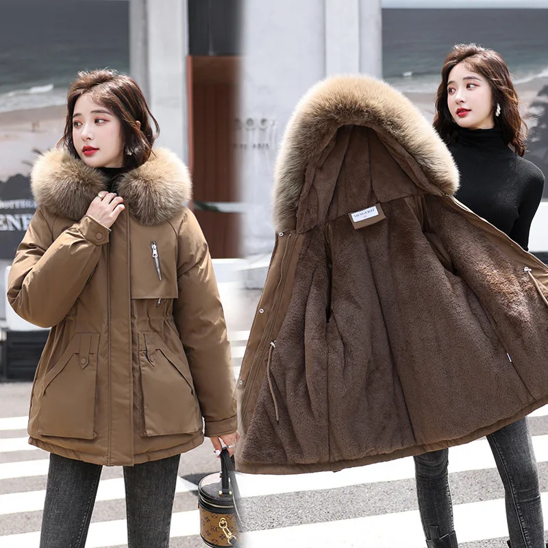 Winter Down Cotton Womens Jacket Thickened Warm Down Coat Korean Mid-length Cotton Fleece Liner Fur Collar Parka Women Jackets