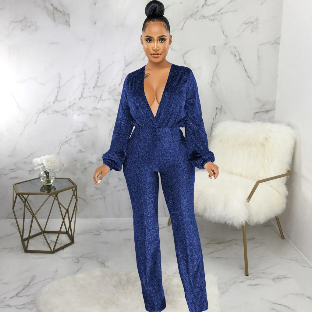 

2022 New Spring Elegant Casual Blue Elastic Gold Wire Jumpsuit Women Sexy Long Sleeve V-neck Fashion Overalls Slim Maxi Rompers