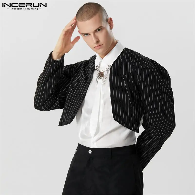 

Пиджак INCERUN мужской полосатый с длинным рукавом, уличная одежда с открытым стежком, повседневные Асимметричные костюмы, индивидуальный Модный укороченный жакет, 2023