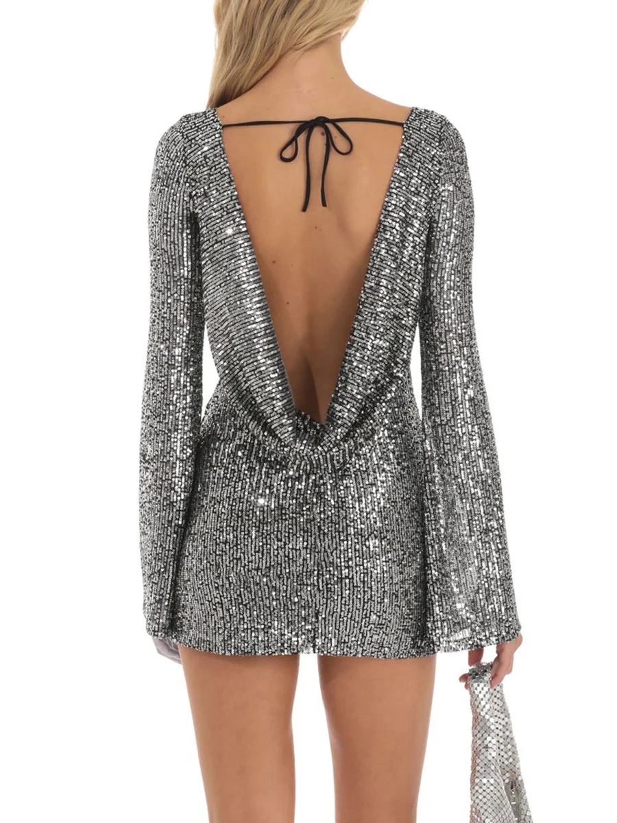 

Women Glitter V-Neck Long Sleeve Bodycon Dress Elegant Shimmering Slim Fit Mini Party Clubwear