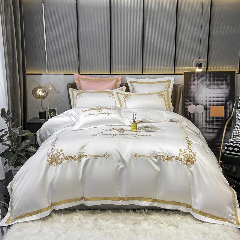 

Белый шелковый хлопковый комплект постельного белья в европейском дворцовом стиле ретро, мягкая шелковая золотая вышивка, пододеяльник, пр...