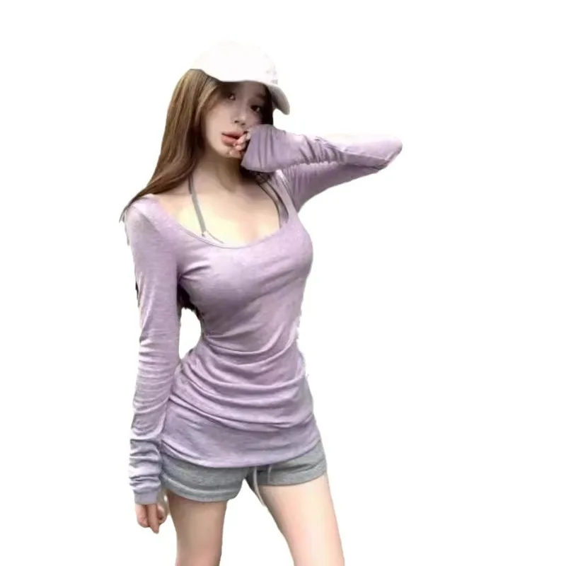 Корейская модная фиолетовая облегающая футболка с круглым вырезом и длинными