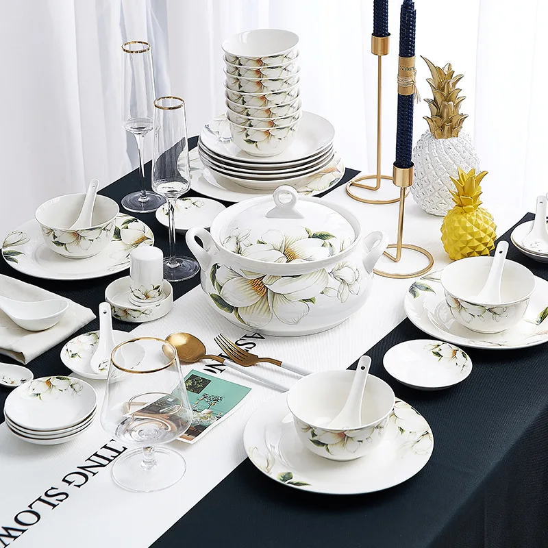 

Jingdezhen Ceramic tableware 56 rice bowl tableware set Lily Love bowl plate ceramic tableware gift wholesale