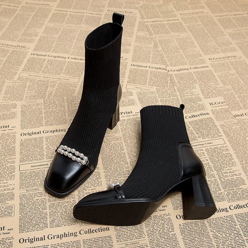 Женские эластичные носки на квадратном каблуке модная обувь с жемчужным декором