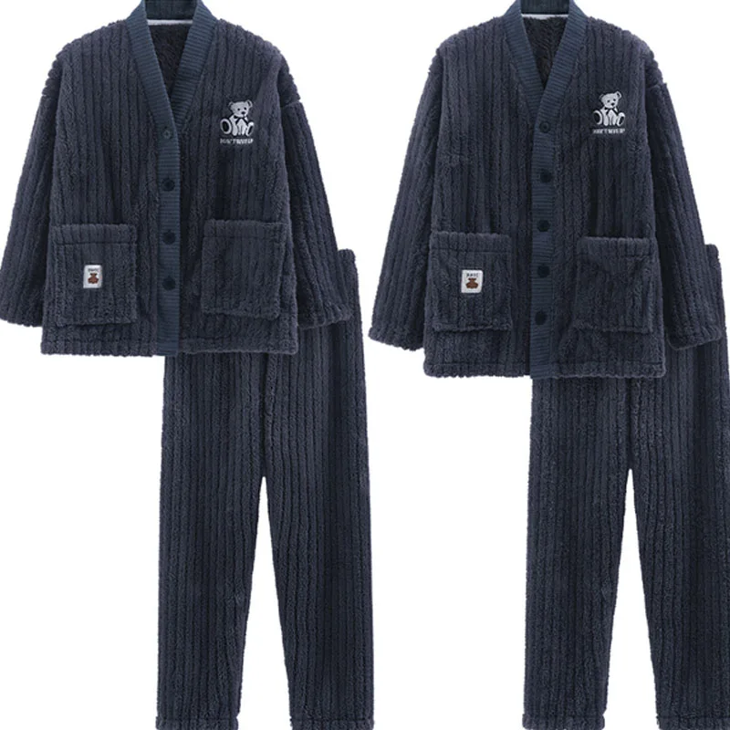 QUHENG Flannel Pajama Sets for Men Long Sleeve Thick Warm Coral Velvet Sleepwear Suit Winter Autumn Pyjamas Homewear Clothes