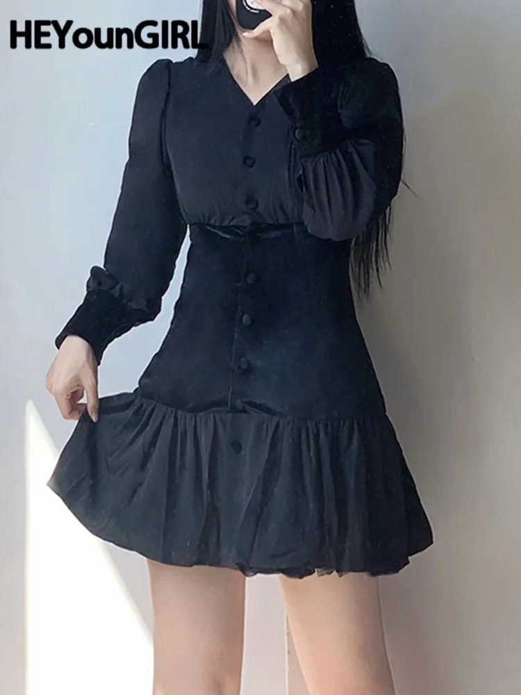 

HEYounGIRL Gothic Party Black A Line Dress Women Patchwork Velvet Long Sleeve Female Pleated Short Dresses Vintage Korean Cute