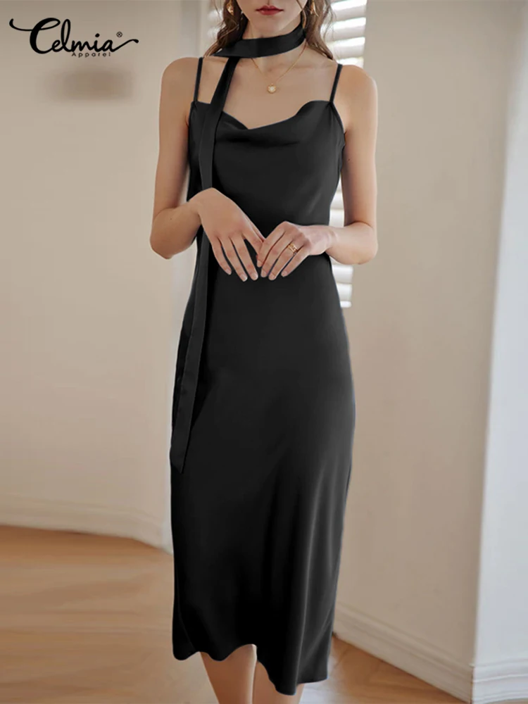 

Elegant Satin Party Slim Robes Celmia Sexy Spaghetti Straps Knee-length Dress 2022 Summer Women Sleeveless Cowl Neck Vestidos