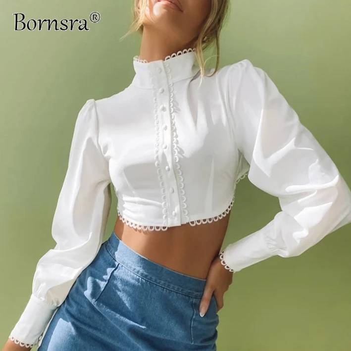 

Bornsra Stand-up Collar Hook Flower Hollow Open Navel Slim-fitting Shirt Female Sexy Lantern Sleeve High Street Women Shirt