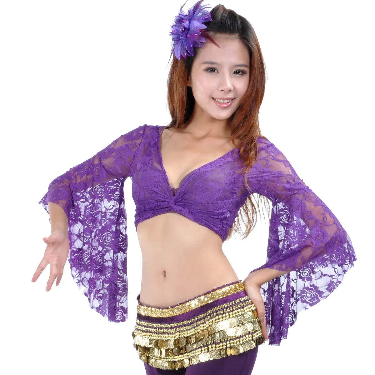 

Womens Long Flare Sleeve Belly Dance Butterfly Lace Top Shrug Gymnastics Cover Up Cardigan Wraps for Belly Dance Class