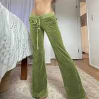 velvet casual pants women streetwear high waist tie up loose flare jogger autumn new aesthetic pink cute pocket trousers