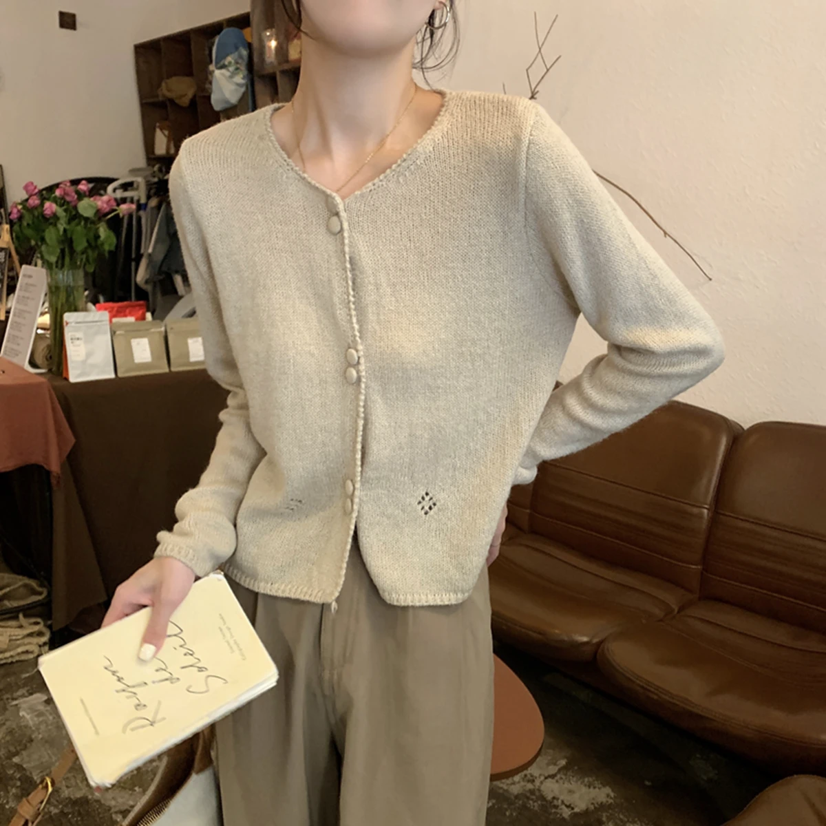 

Women's Short Knitted Cardigan Fall Winter Korean Hollow Mohair Solid Color Long Sleeve Sweater Outerwear 5 Colors