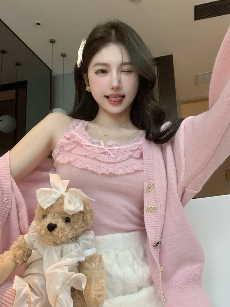 

Розовый вязаный укороченный топ, женские летние кружевные топы с бантом, милые топы для милой девочки, кавайная одежда
