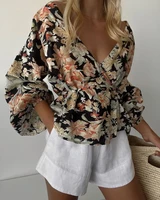 floral print shirts women 2022 spring and autumn fashion new long lantern sleeve v neck top casual office female shirt
