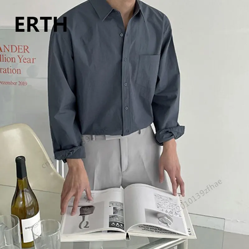 

Рубашка ERTH мужская с длинным рукавом, весна-осень, корейская мода, свободный тренд, однотонная Повседневная хлопковая рубашка 2023 с отложным ...