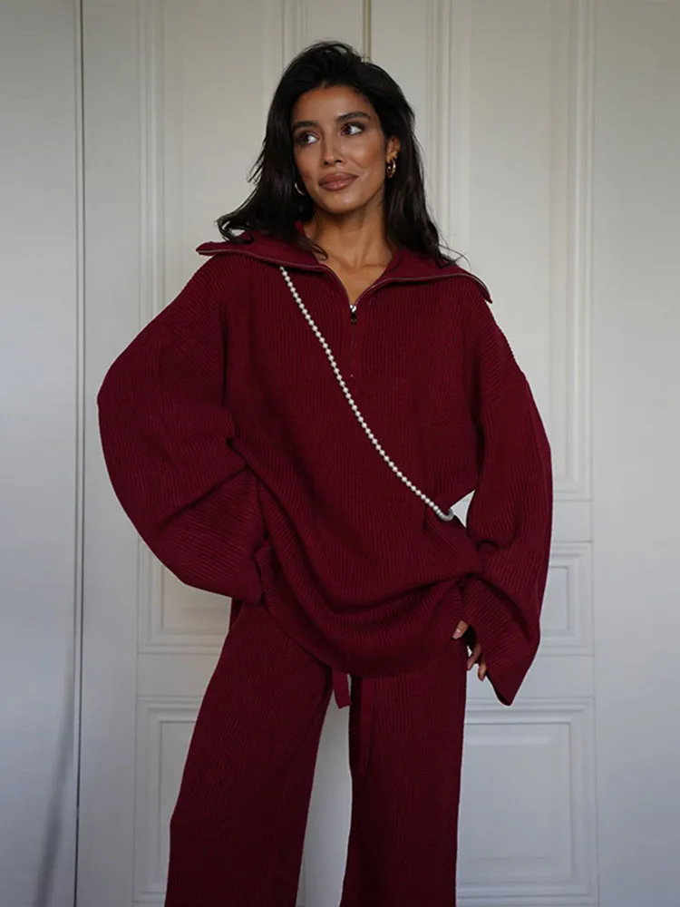 Fashion Women Knitted 2 Pieces Sets With Trousers Casual Lapel Long Sleeve Pullover Wide Leg Pants Autumn Ladies Suit