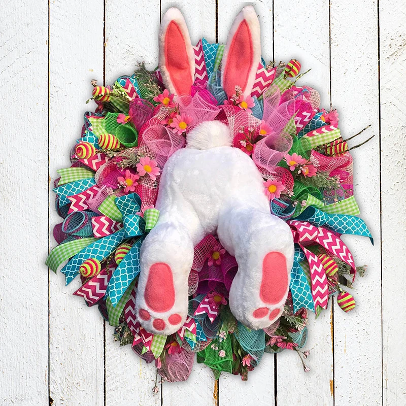 

55cm Easter Rabbit Wreath Door Decor Thief Bunny Butt Garland Ornament Prop For Wall Door Festival Seasonal Home Decoration