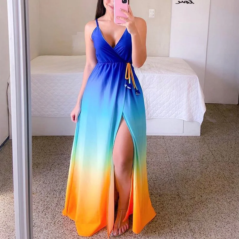 

2022 Fashion Women Sexy Casual Summer Dresses Tie Dye Print Beach Dress Ombre Tied Detail Split Thigh Cami Maxi Dress