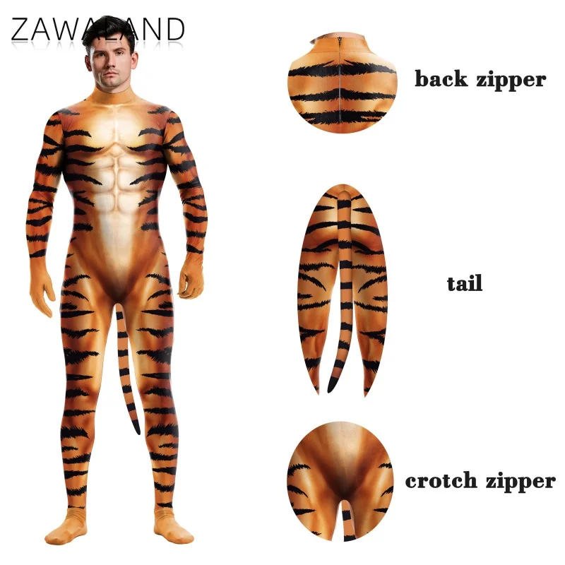 

Zawaland Creative Party Playsuit Cosplay Costume Tiger 3D Printed Full Cover Costumes for Adults with Tail Fancy Spandex Catsuit