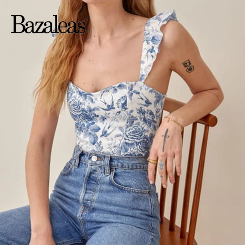 

Summer Camis Blue Flora Tank Top Ruffle Strap Spaghetti Crop Top Chic