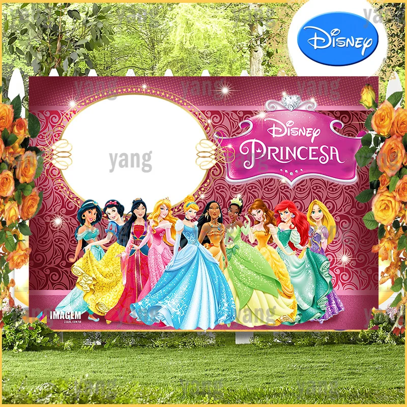 Custom Disney Beautiful Snow White Cinderella Princess Background Birthday Party Decoration Red Pattern Sequins Banner Backdrop