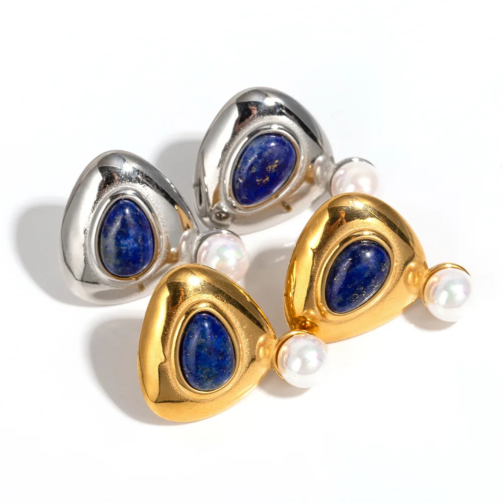 

Stainless Steel PVD 18K Gold Plated Tarnish Pearl Blue Stone Triangle Earrings For Woman Jewelry Wholesale 2023 Trendy