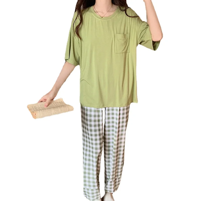 Pajamas Women Summer with Chest Pads Cool Feeling Loose Short-sleeved Trousers Can Be Worn Outside Home Suits Leisure Sleepwear