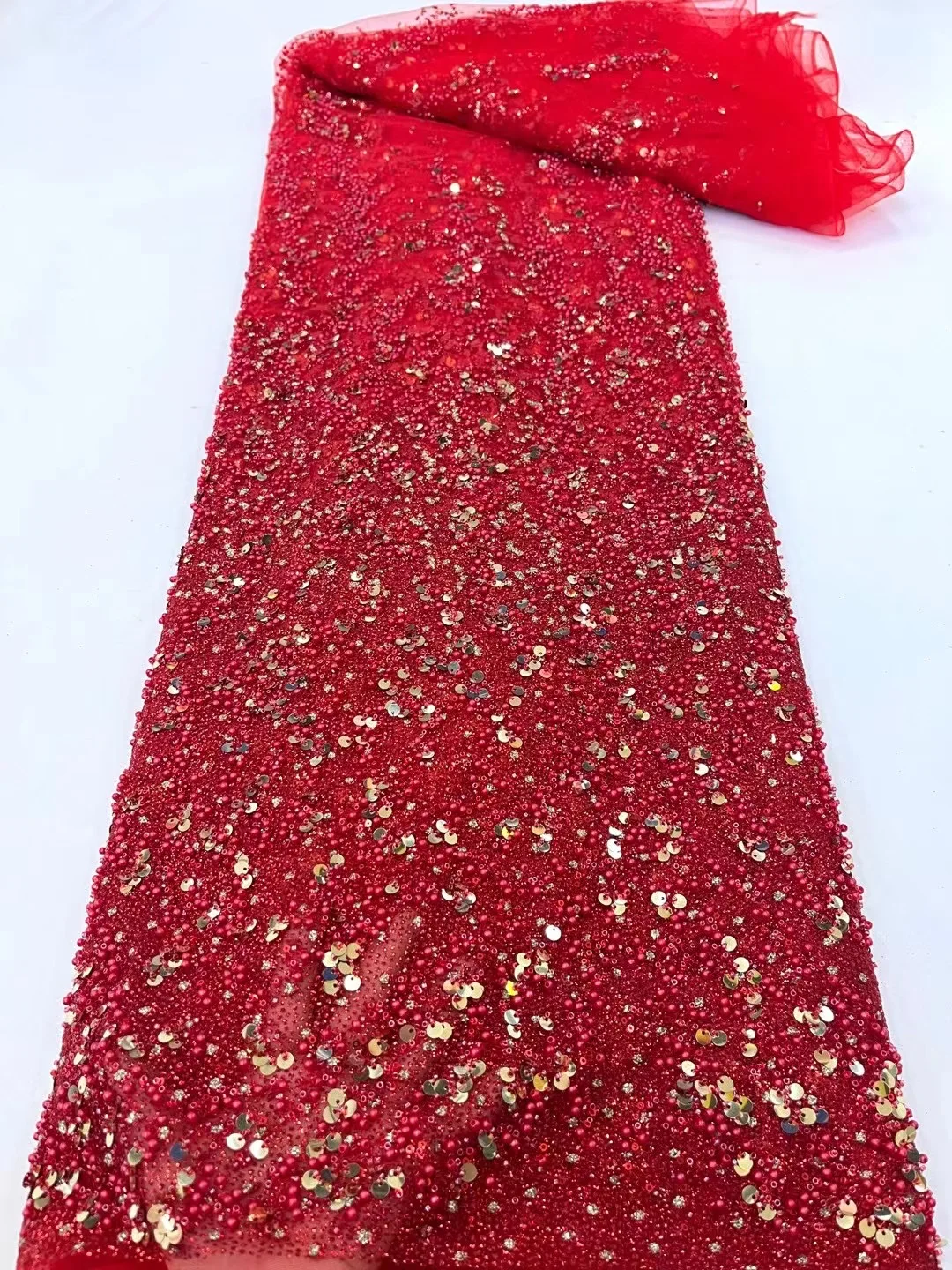 

African Sequence Shiny Embroidery Crystal Net Lace Fabric High Quality Heavy Beaded Nigerian French Tulle Lace Fabric For Bridal