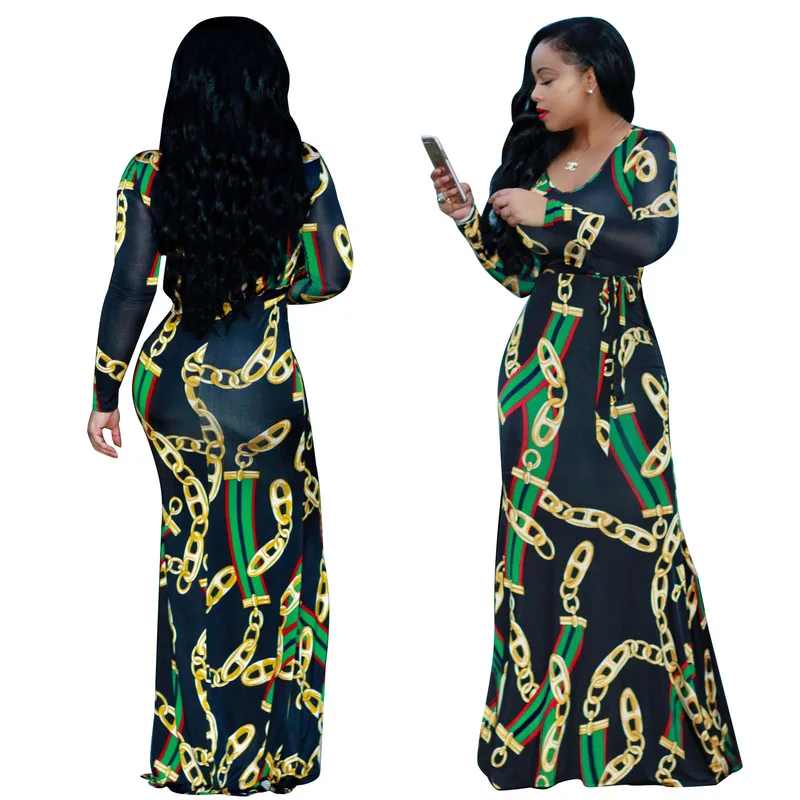 

New African Dashiki Fashion long-sleeved dresses popular digital print elastic trend dress Size S M L XL XXL 3XL