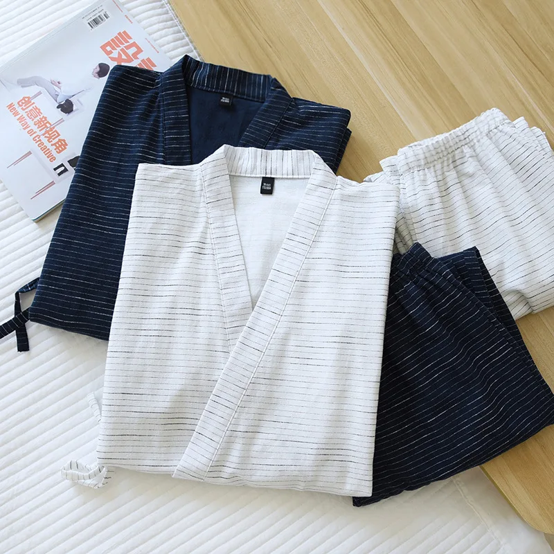 Kimono Pajamas Men's Short-sleeved Shorts Japanese Summer Mens Loose Simple Cotton Striped Sweat Steamed Suit  Pyjama Homme