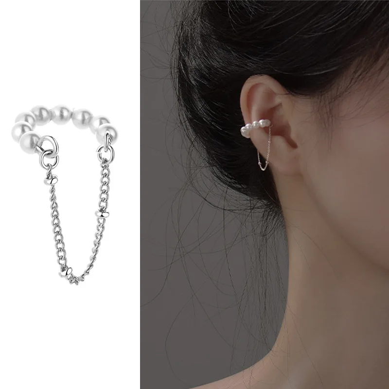 

1 Pcs 925 Sterling Silver Tassel Long Chain Pearl Bead Clip Earring For Women Girl Ear Cuff Party Fashion Jewelry Brincos eh053