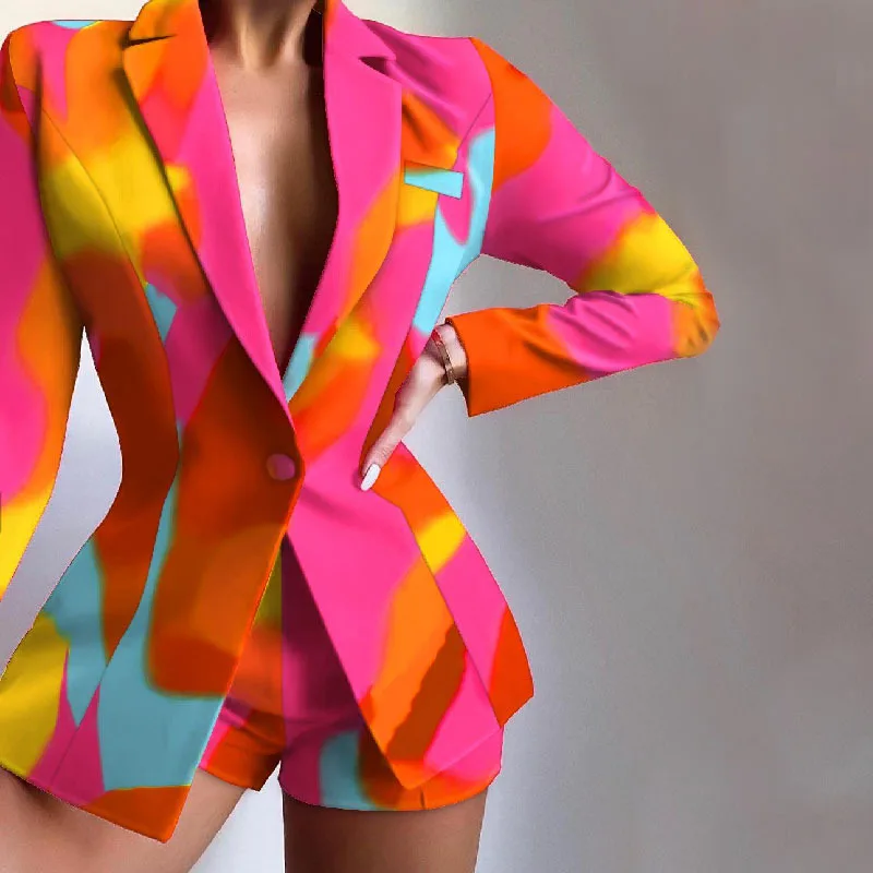 Autumn Winter Printed Slim Long Sleeve Shorts Blazer + Solid Bodycon Short Suits Fashion Elegant Casual Two Piece Suit Clothes