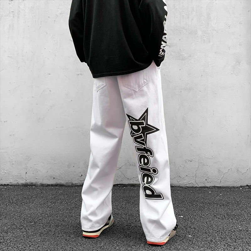 

NEW IN Style Letter Printed Denim Pants 2022 New Streetwear Washed Jean Pants Men Loose Hip Hop Jeans White/Blue/Smoke gray