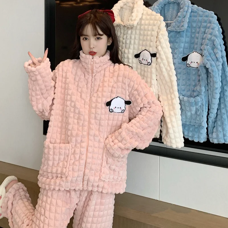

New Kawaii Sanrio Pajamas Pochacco Anime Plush Pajamas Two-Piece Women Zipper Turtleneck Thick Warm Autumn Winter Homewear Set