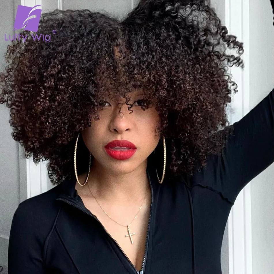 Afro Curly Wigs for Black Women Short Curly Wig With Bangs Glueless Wigs Full Machine Cheap Wigs Water Wave Hair Luffy