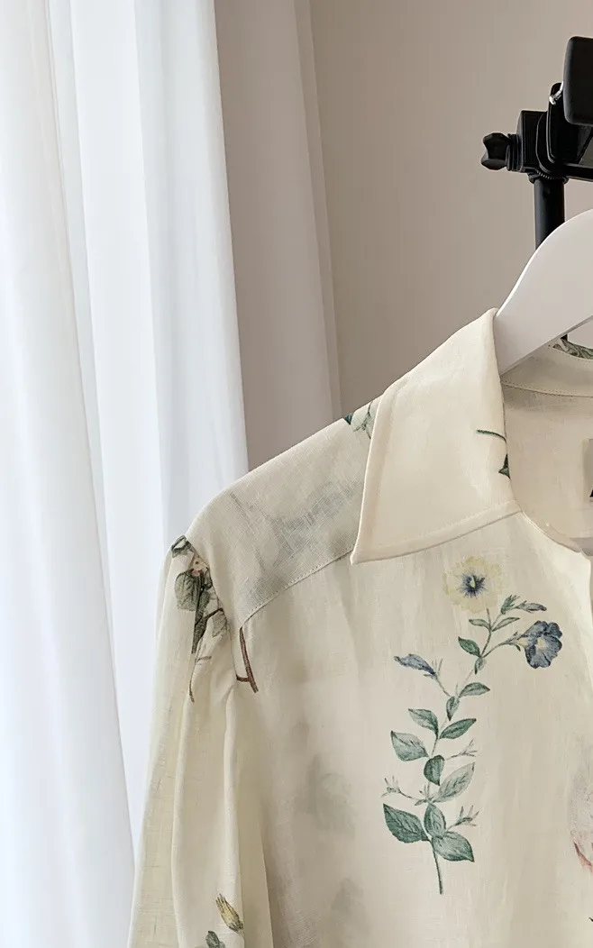 

Women Flower Print Loose Single Breasted Linen Shirt or Shorts Set